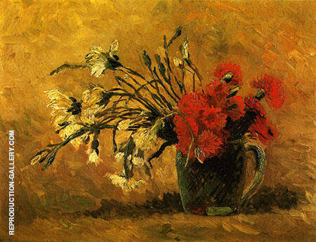 Vase with Red and White Carnations on a Yellow Background | Oil Painting Reproduction