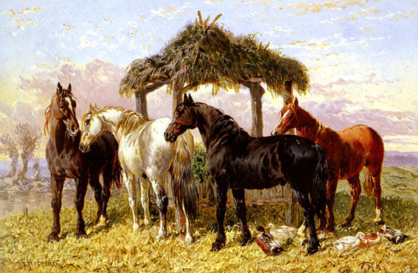 Horses and Ducks By A River | Oil Painting Reproduction