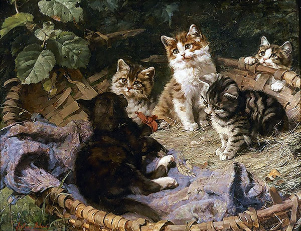 Kittens Frolicking in a Basket by Julius Adam | Oil Painting Reproduction