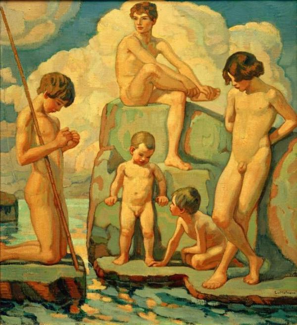 Five Boys on Rocks by Ludwig von Hofmann | Oil Painting Reproduction