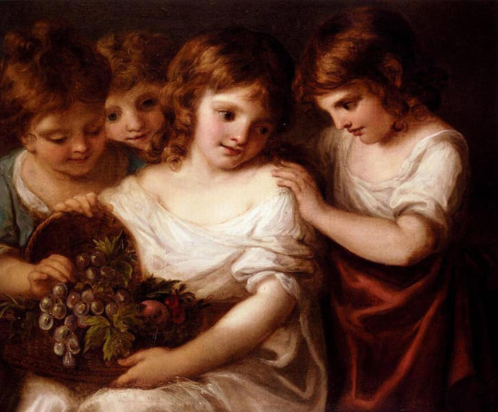 Four Children With A Basket Of Fruit | Oil Painting Reproduction