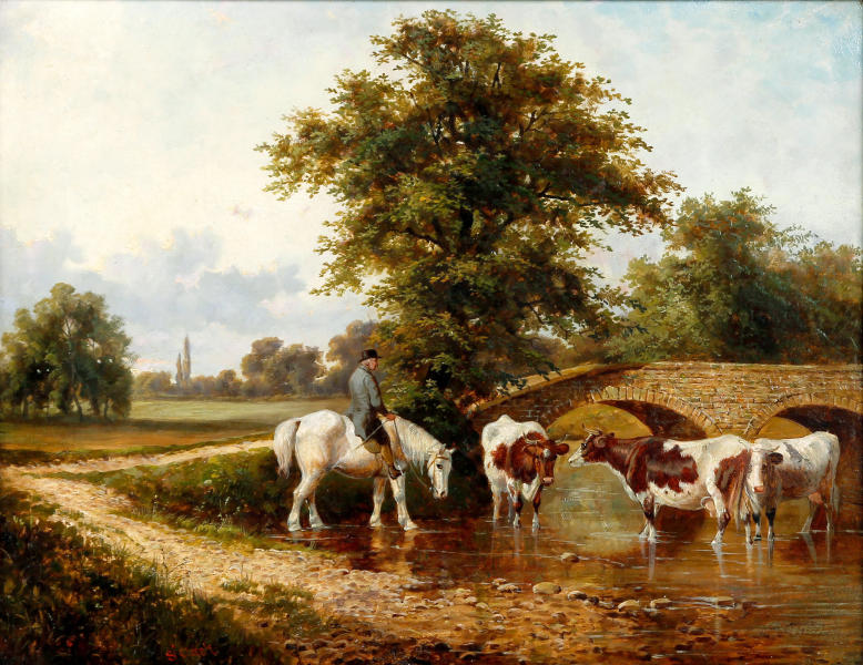 Cattle Watering With Farmer On A Horse At A Riverside | Oil Painting Reproduction