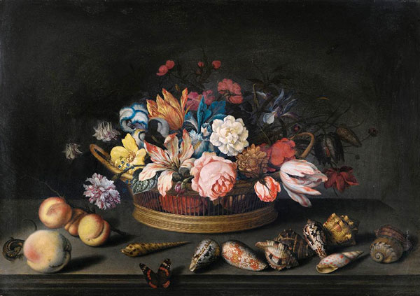 Tulips, Roses and other Flowers in a Basket on a Table with Shells | Oil Painting Reproduction