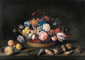 Tulips, Roses and other Flowers in a Basket on a Table with Shells By Balthasar van der Ast