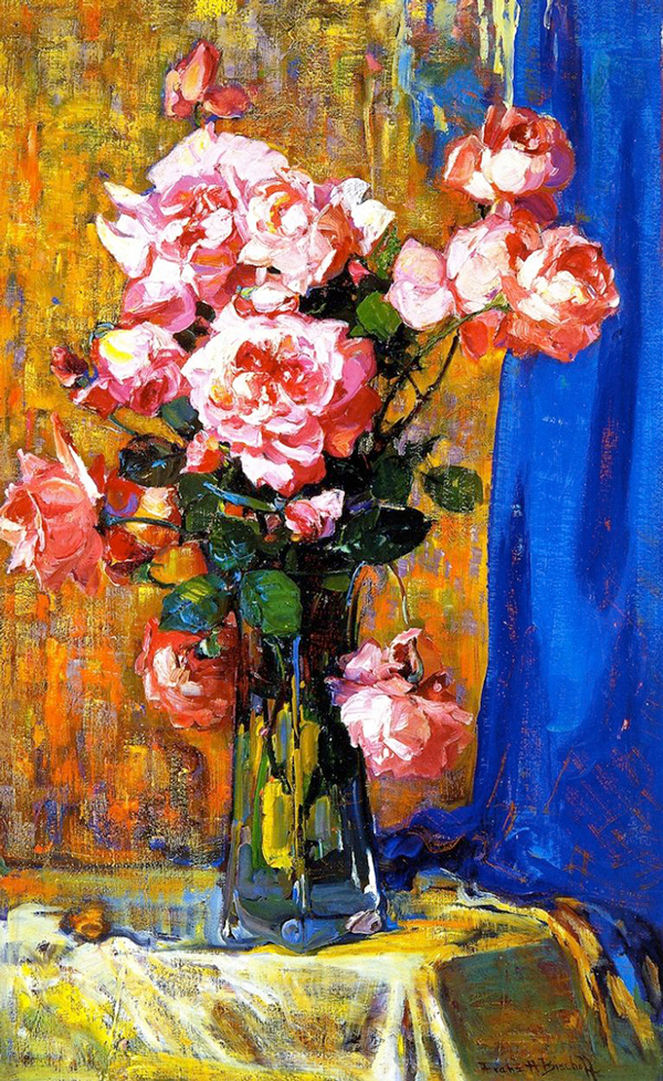 Roses in a Tall Glass by Franz Bischoff | Oil Painting Reproduction