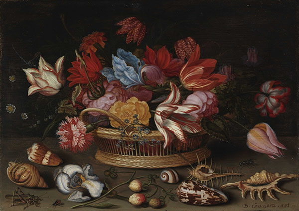 A Basket of Flowers with Shells on a Ledge | Oil Painting Reproduction