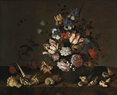 A Vase of Flowers with Shells on a Ledge By Balthasar van der Ast