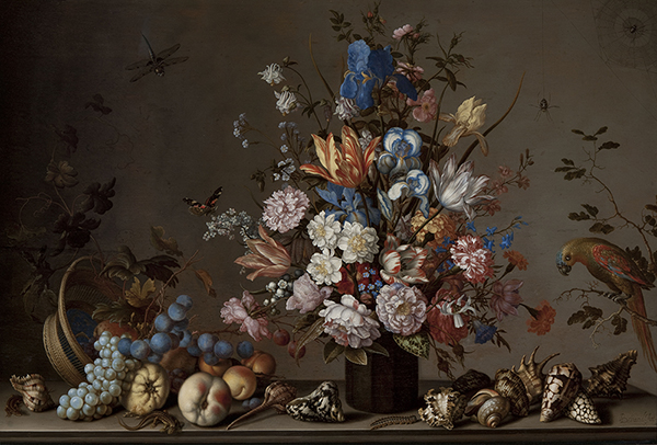 Still Life with Tilted Basket of Fruit Flowers and Shells | Oil Painting Reproduction