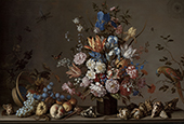 Still Life with Tilted Basket of Fruit Flowers and Shells By Balthasar van der Ast