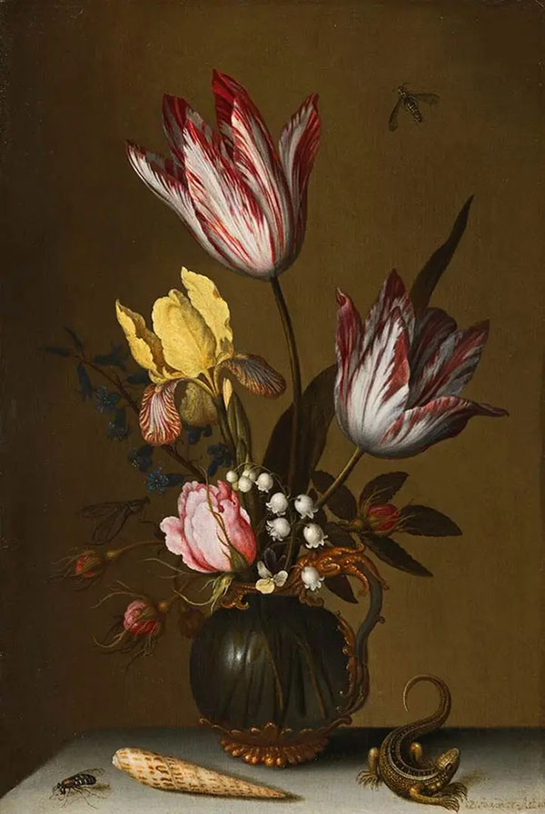 Still Life with Variegated Tulips in a Vase and Lizard | Oil Painting Reproduction