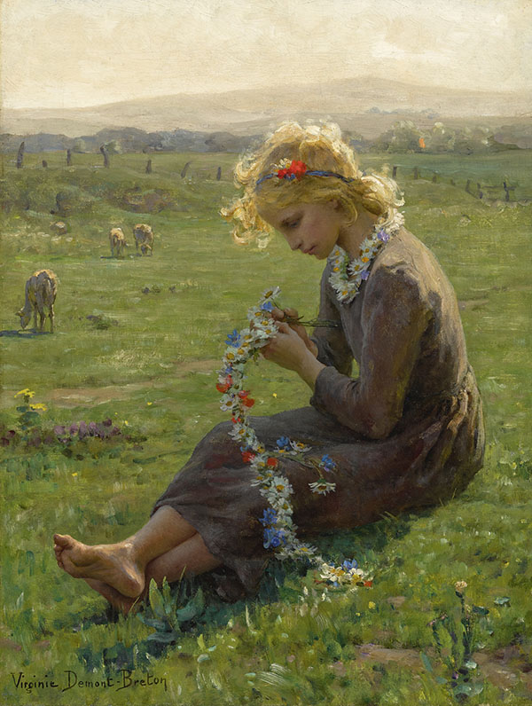 Girl Making a Flower Garland in the Fields | Oil Painting Reproduction