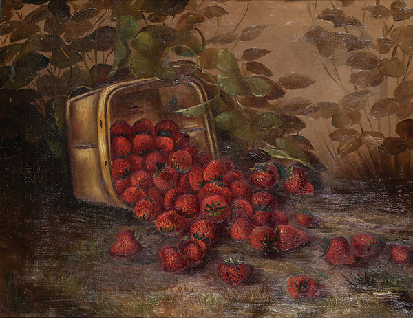 A Basket of Strawberries Tipped on its Side in a Garden Area | Oil Painting Reproduction