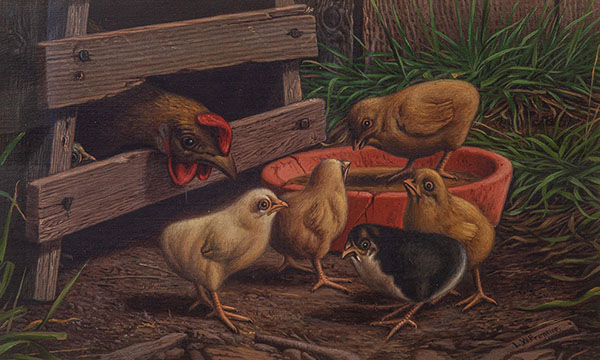 Hen with Chicks by Levi Wells Prentice | Oil Painting Reproduction