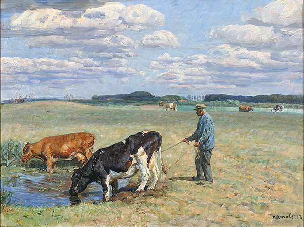 A Farmer with his Cows by Niels Pedersen Mols | Oil Painting Reproduction