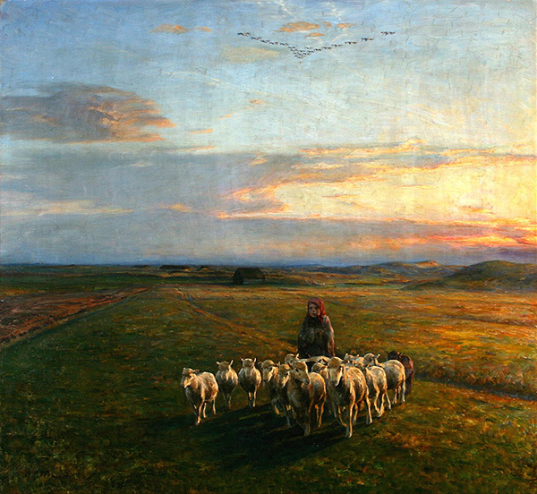 A Girl with her Sheep at Sundown | Oil Painting Reproduction