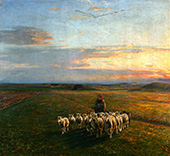 A Girl with her Sheep at Sundown By Niels Pedersen Mols