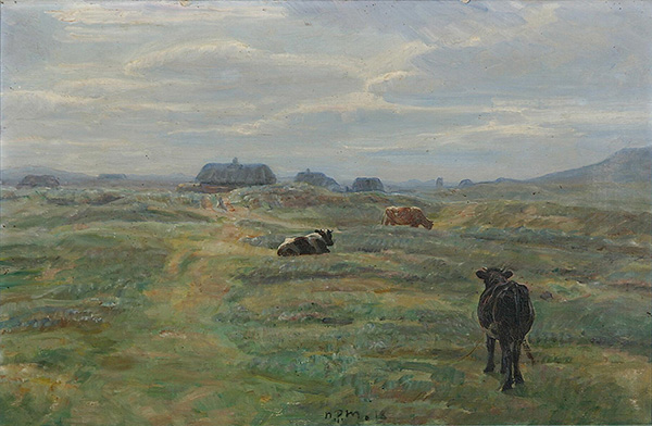 A Landscape with Cows and Houses in the Background | Oil Painting Reproduction