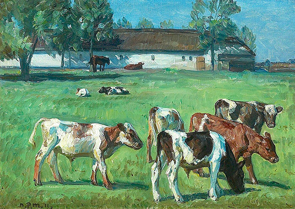 Calves Grazing on a Meadow with a Barn in the Background | Oil Painting Reproduction