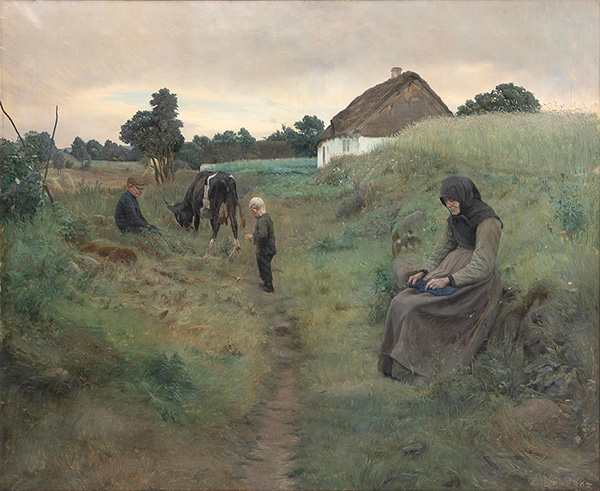 Children with Their Grandmother near a Farmhouse | Oil Painting Reproduction