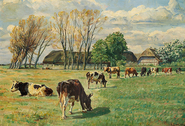 Cows Grazing in a Field in Front of a Farm | Oil Painting Reproduction