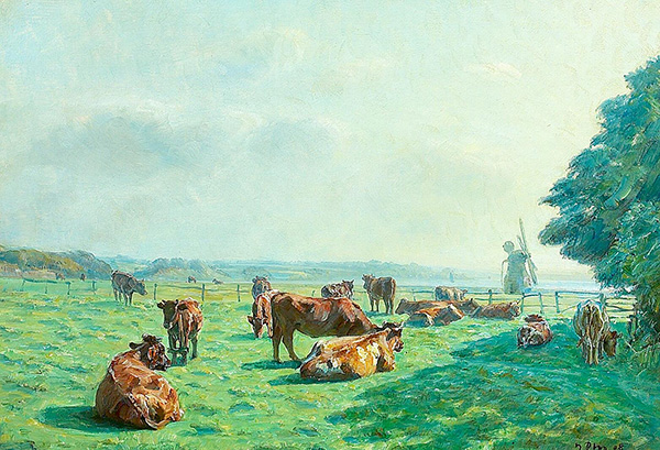 Cows Grazing on a Meadow in the Background a Mill and an Inlet | Oil Painting Reproduction