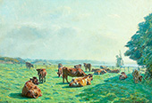 Cows Grazing on a Meadow in the Background a Mill and an Inlet By Niels Pedersen Mols