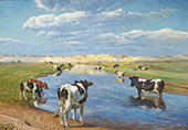 Cows in a Meadow behind the Dunes at the Estuary of the Stream Livera By Niels Pedersen Mols