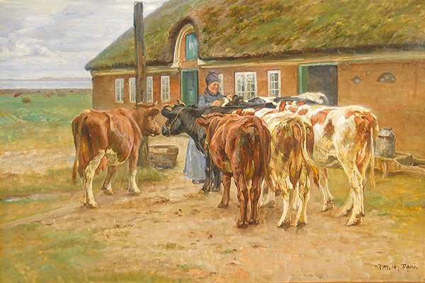 Farmhouse Exterior from Fano with Cows and a Woman in Traditional Dress | Oil Painting Reproduction