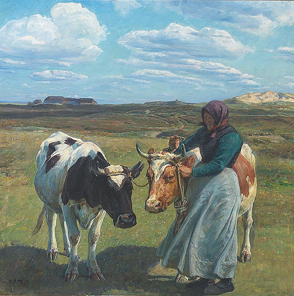 Farm Girl in the Field with Two Cows | Oil Painting Reproduction