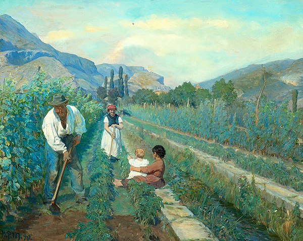 Italian Farmworkers in the Vineyard Accompanied by Their Children | Oil Painting Reproduction