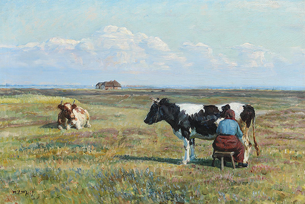 Landscape with Cows Being Milked | Oil Painting Reproduction