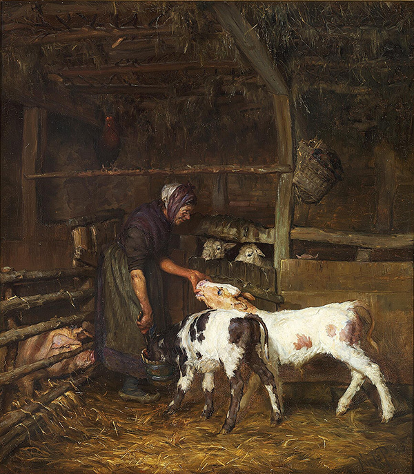 Two Calves Getting Milk by Niels Pedersen Mols | Oil Painting Reproduction