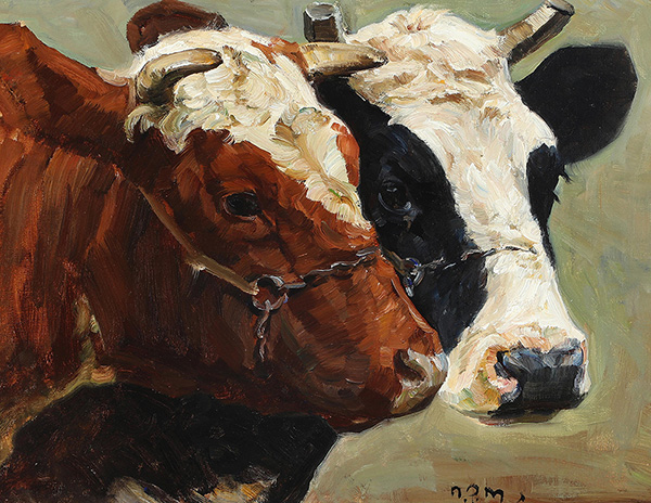 Two Cows by Niels Pedersen Mols | Oil Painting Reproduction