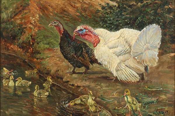 Two Turkeys with Ducklings at the Rivers Edge | Oil Painting Reproduction