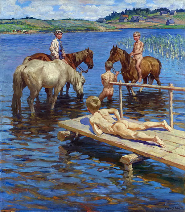 Bathing Horses by Nikolay Bogdanov Belsky | Oil Painting Reproduction