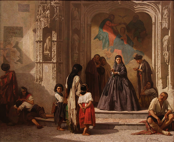 Young Woman Doing Charity at the Entrance to the Chapel of San Sebastian Hospital in Cordoba | Oil Painting Reproduction