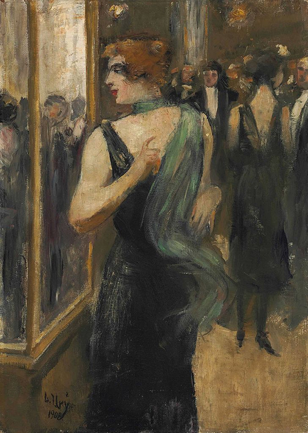 Lady in Black Evening Dress with Green Scarf | Oil Painting Reproduction