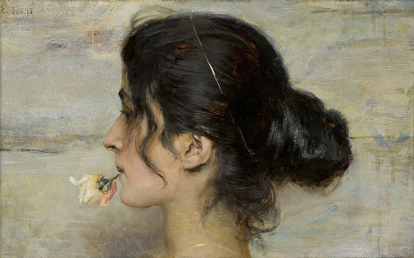 With a Rose on Her Lips by Ettore Tito | Oil Painting Reproduction