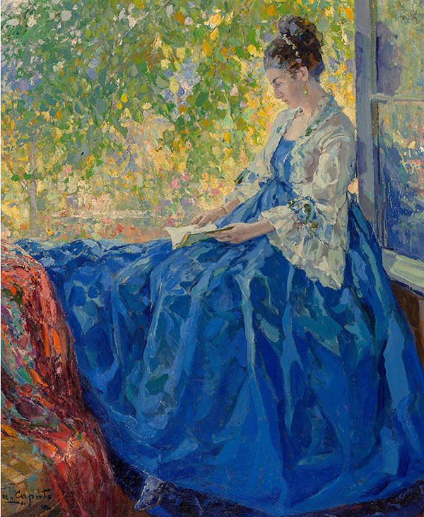 Young Woman Reading at an Open Window | Oil Painting Reproduction